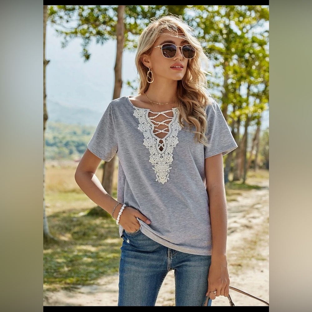 XL Shein Gray Top with Lace Detail